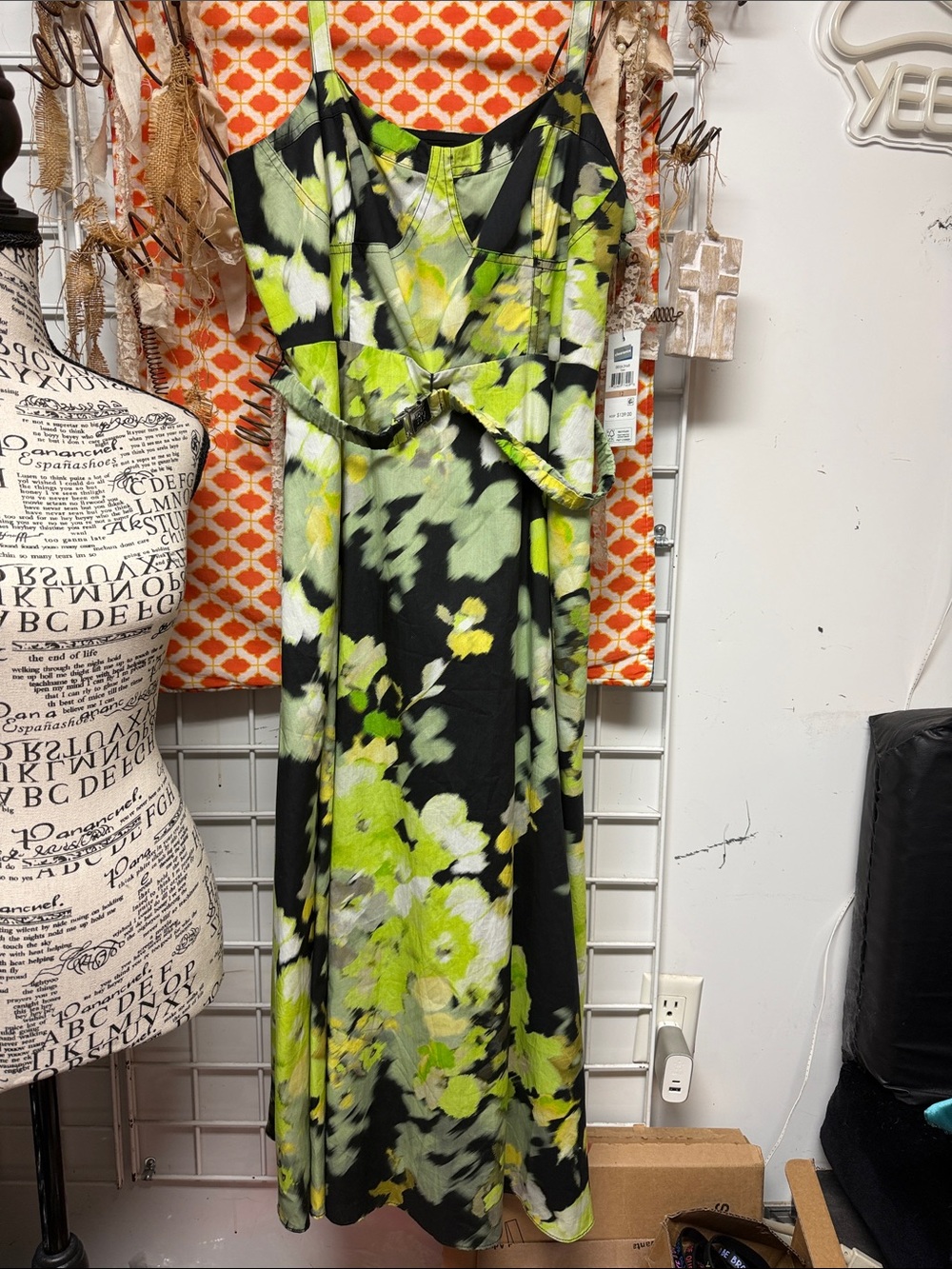 DKNY Black Maxi Dress with Lime Green Floral Print and Pale Yellow Accents